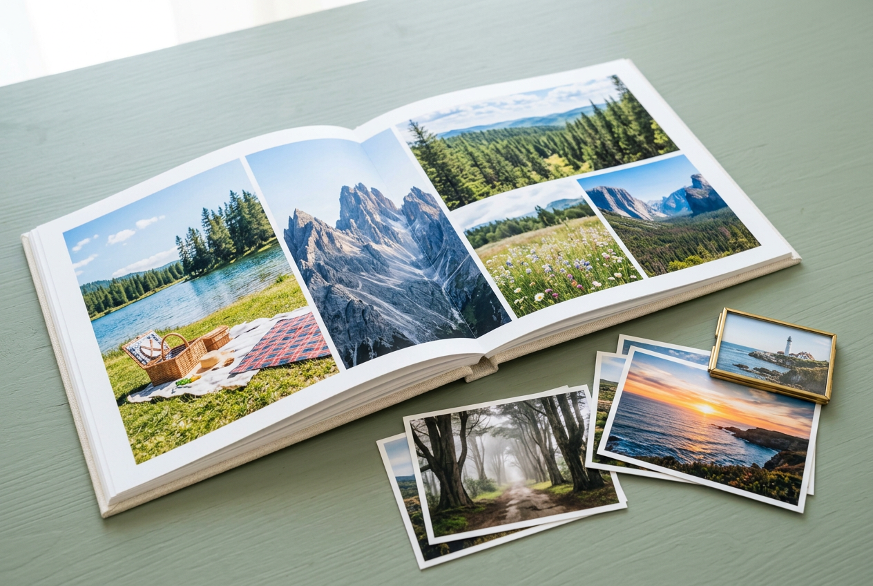 Open photo album with lakeside memories, landscape prints, and a framed photograph
