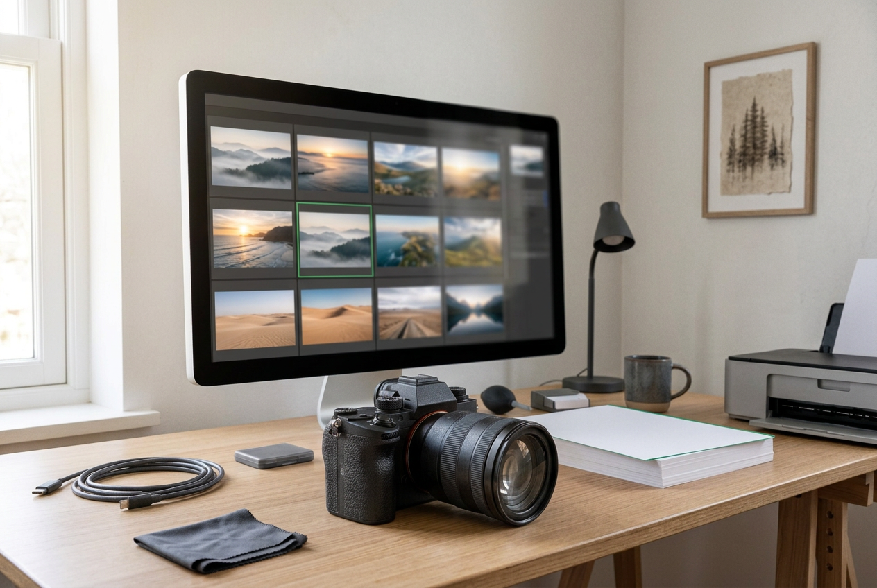 Professional camera at a photographer’s desk with landscape photographs on screen